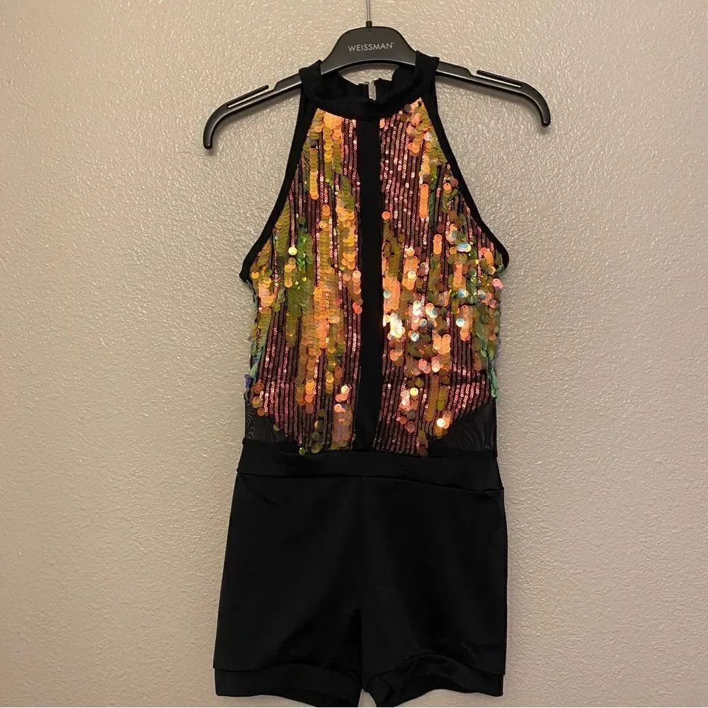 WEISSMAN Dance costume jazz black mesh gold sequin We Will Rock You 14757 SA